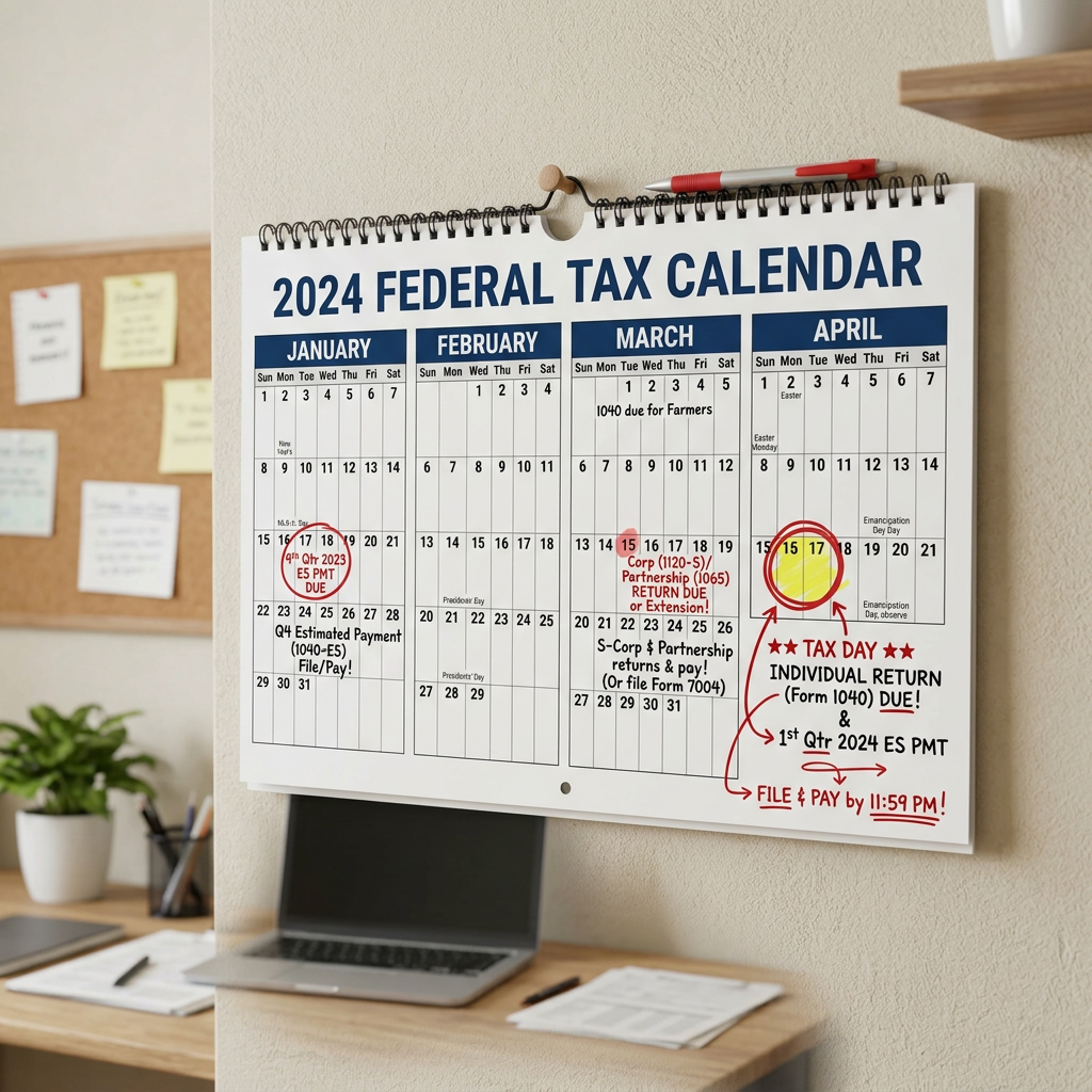 2024 federal tax calendar with key tax deadlines and payment reminders marked