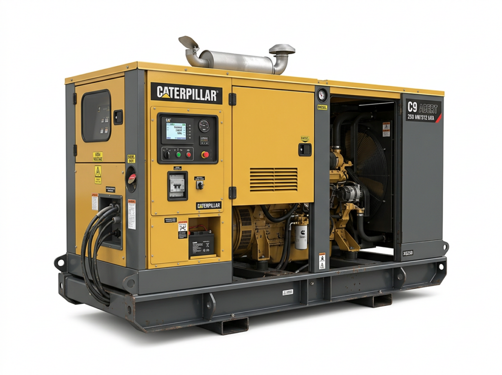 Caterpillar C9 diesel generator with control panel and engine components